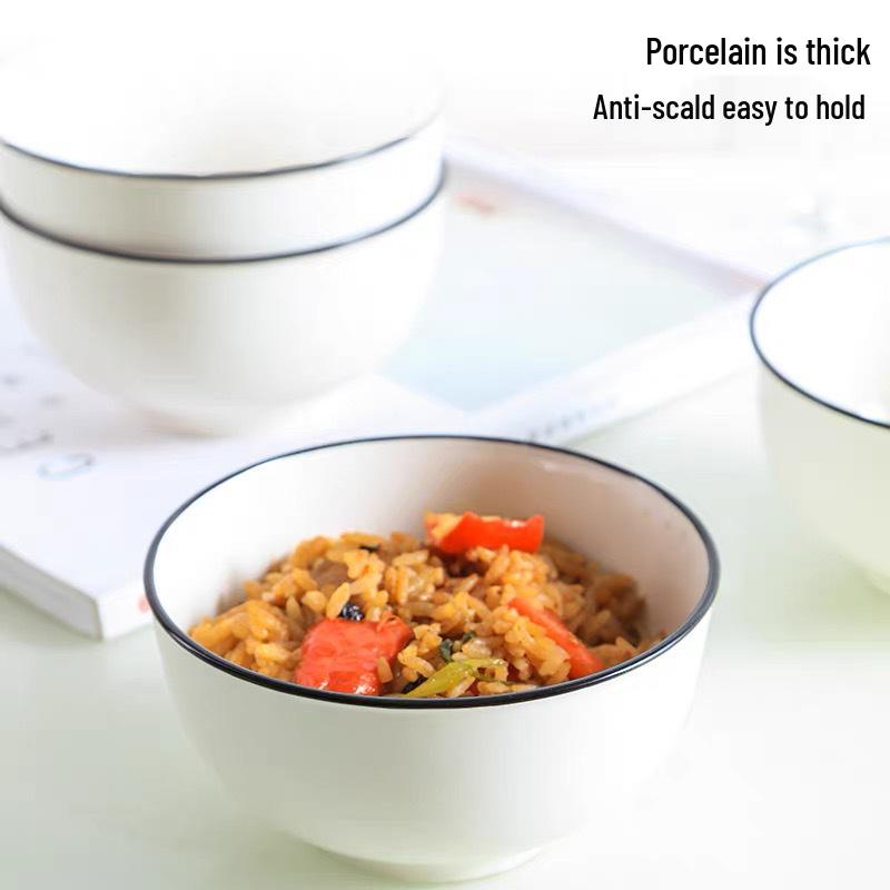 High-Temperature White Porcelain Tableware Set: Black Line Ceramic Bowls, Plates, and Chopsticks