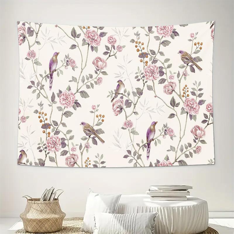 Floral Birds Pattern Wall Tapestry Machine Washable All Season Decor Art Print Nature Botanical Design Home Elevate Your Space