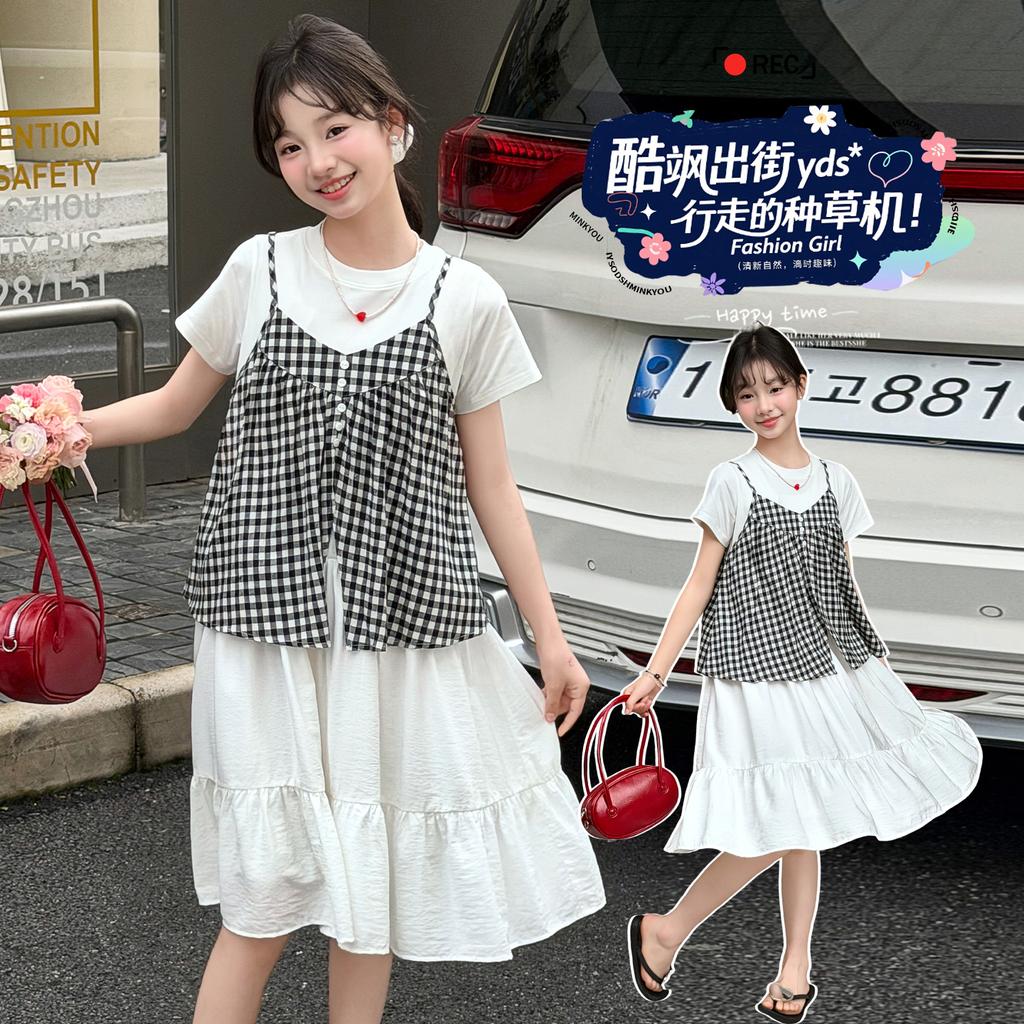 Girls' summer plaid camisole dress set, stylish children's short sleeved white casual mid length skirt