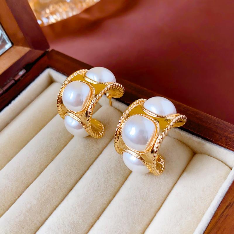 Francouzské retro geometrické náušnice s perlou - Exagerovaná high-end móda pro ženy