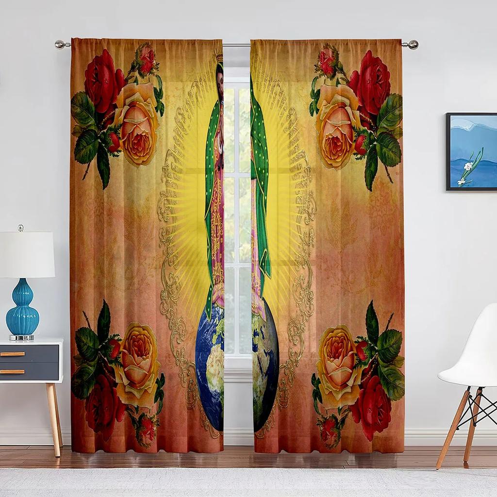 Our Lady Guadalupe Mexican Saint Virgin Mary Floral Sheer Curtains for Bedroom Living Room Kitchen Blinds Window Curtains 2pcs
