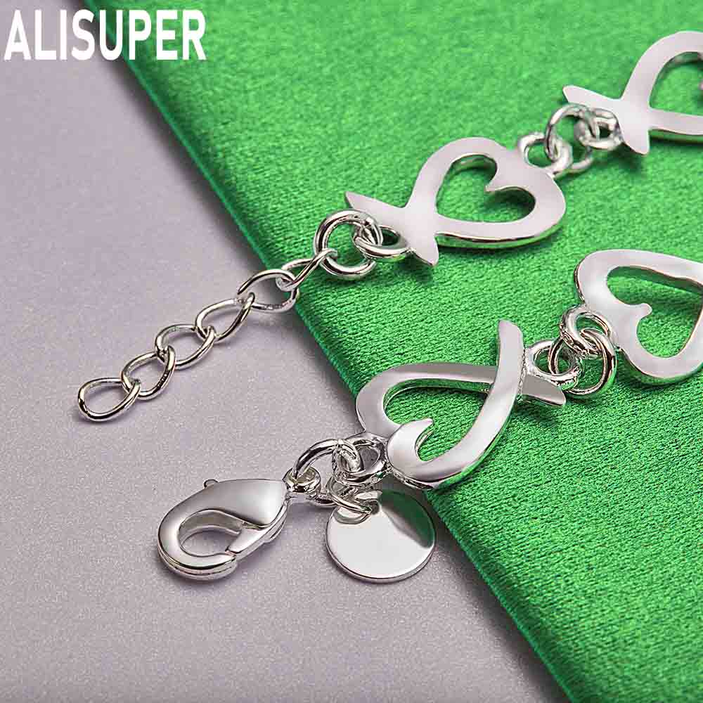 925 Sterling Silver Antique Heart-Shaped Side Chain Romantic Bracelet Gift Jewelry