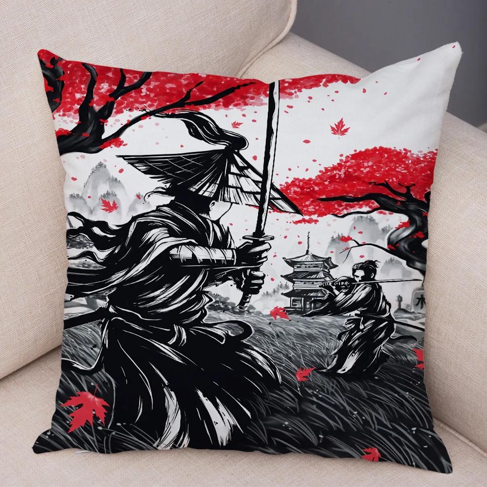 Japan Style Ink Cushion Cover for Sofa Home Double Print Decor Beautiful Scenery Warrior Girl Pillowcase Soft Plush Pillow Case