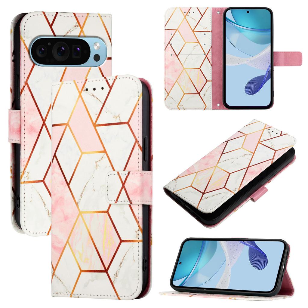 For Google Pixel 9 Pro/Google Pixel 9 Case with Strap Marble Pattern Leather Phone Cover Card Holder