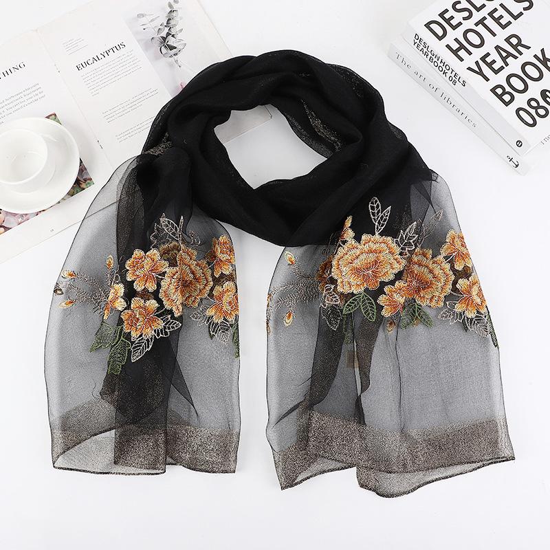 Hangzhou silk and wool blend exquisite embroidered women's long silk scarf, classic mulberry silk shawl in apricot color