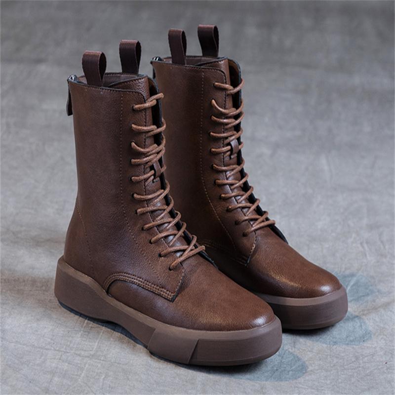 Large Women's British Style 2024 Autumn and Winter New Flat Bottom Retro Medium Sleeve Women's Single Boot Lace Up Back Zipper