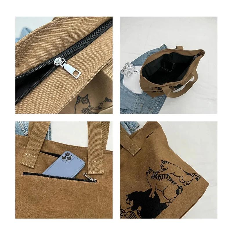 Canvas Totes Large Capacity Storage Handbag Women Tote Anime Cat Letters Shoulder Bags Girls Casual Commute Bag Portable Big Bag