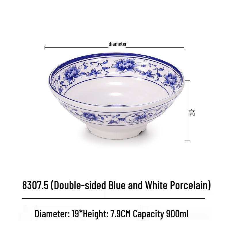 Blue & White Melamine Noodle Bowl: Imitation Porcelain Tableware for Ramen, Soup, Wonton, or Beef Noodles in Noodle Shops
