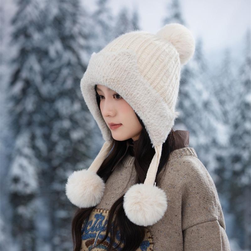 New Fleece Warm Knitted Hat Autumn and Winter Thickened Pullover Ear Protector Wool Fleece Hat Women's Hairball Hat