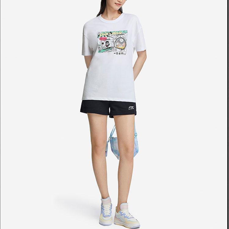 Li Ning X Disney Cartoon-Print Buchstabenmuster Rundhals-T-Shirt Damen Tops Weiß AHSS260-3
