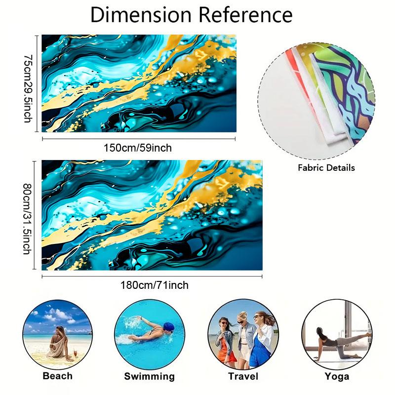 Abstract Fluid Marble Beach Towel - Deep Teal Blue Gold, Quick-Dry Microfiber, Luxury Towel for Pool Swimming Camping