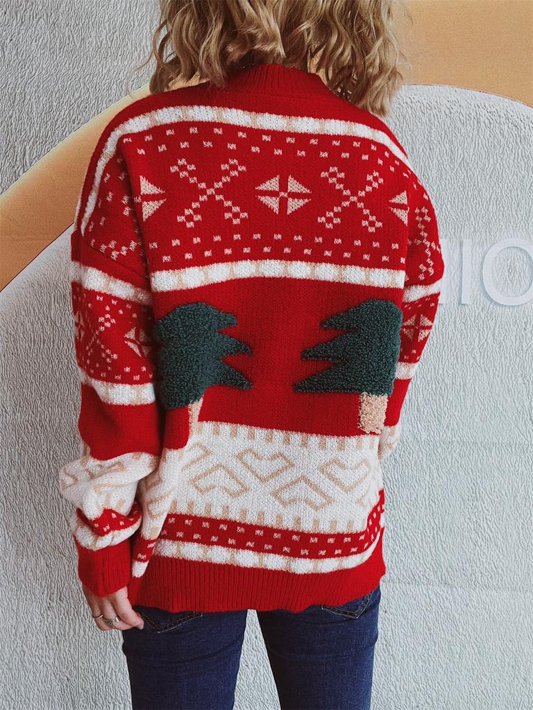 Christmas sweater women's casual round neck knitted Christmas tree cartoon jacquard holiday New Year sweater 3517 KTB