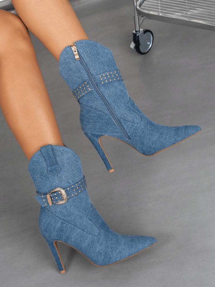 Fashion Blue Denim Pointed Toe Women's High-heeled Ankle Boots Fashion Metal Rivet Buckle Designer Shoes Sexy Side-zip Botas Para Mujer
