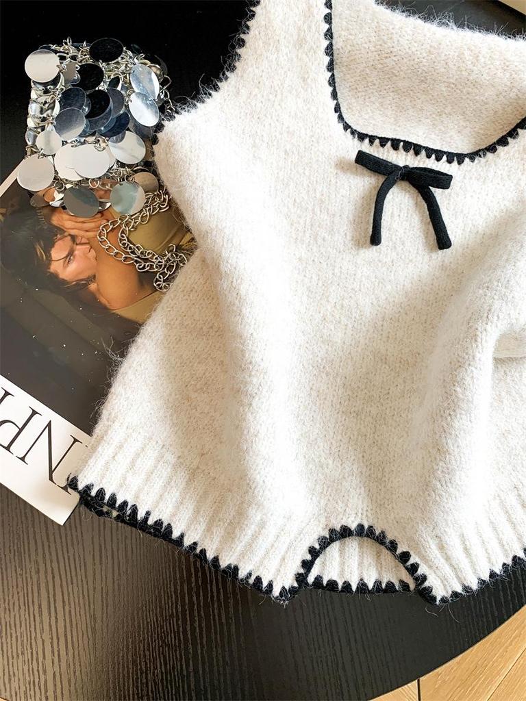 Women's French Color Block Bow Knit Vest - 2026 Autumn Sleeveless Layering Top