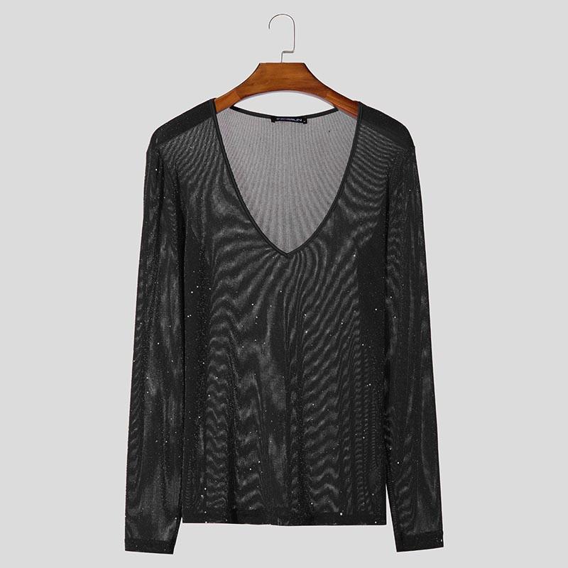 

INCERUN Men Deep V Neck Long Sleeve Mesh See Through T-shirts Undershirts S