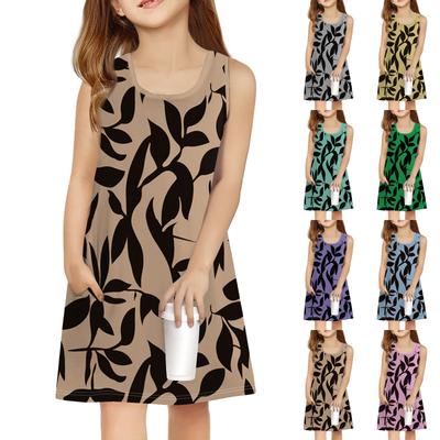 Girl Summer Dress Sleeveless Printed Color Casual Dress With Pocket