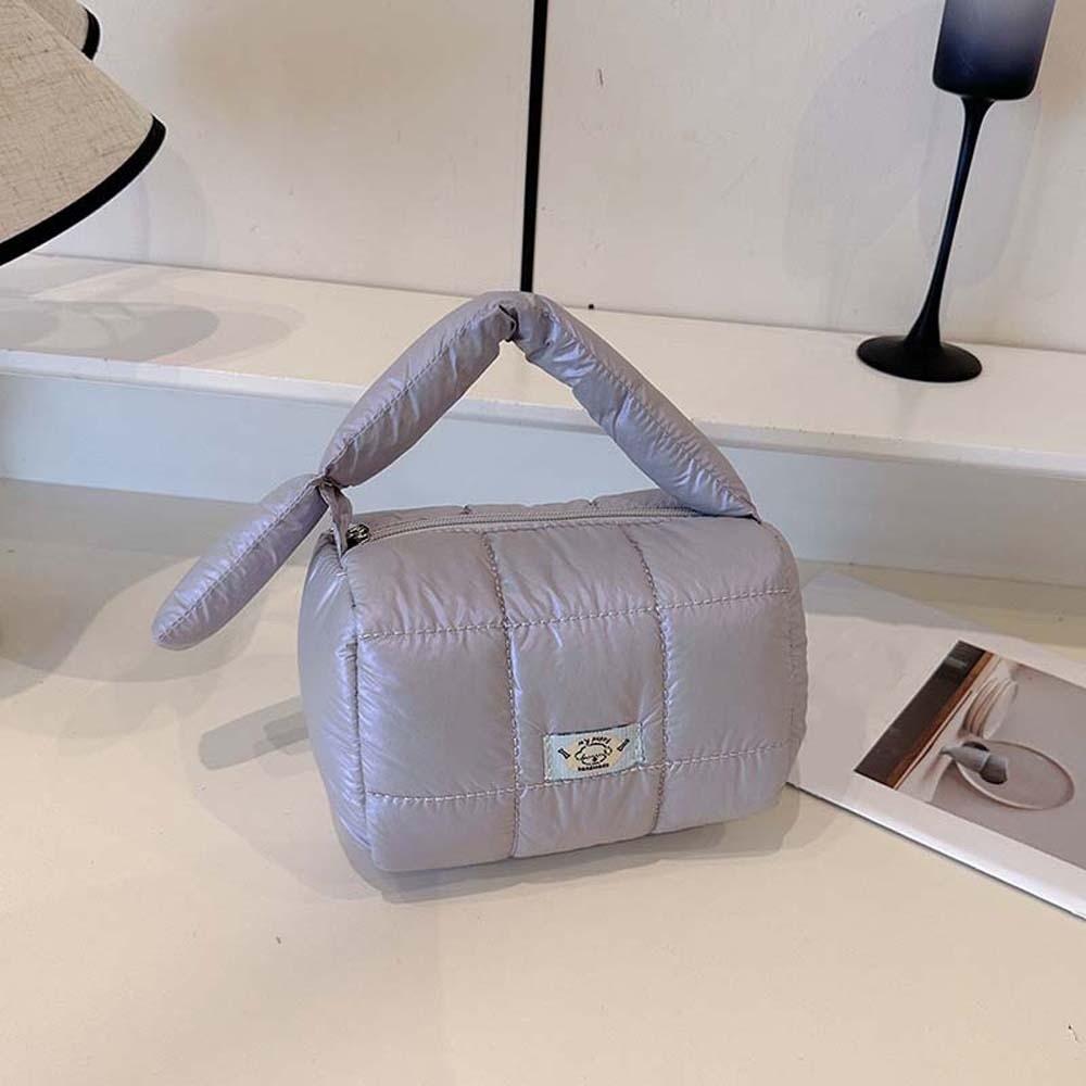 

Quilted Puffy Tote Pouch Nylon Handheld Cosmetic Organizer Cloud Pleatd Grid Bag Bathroom