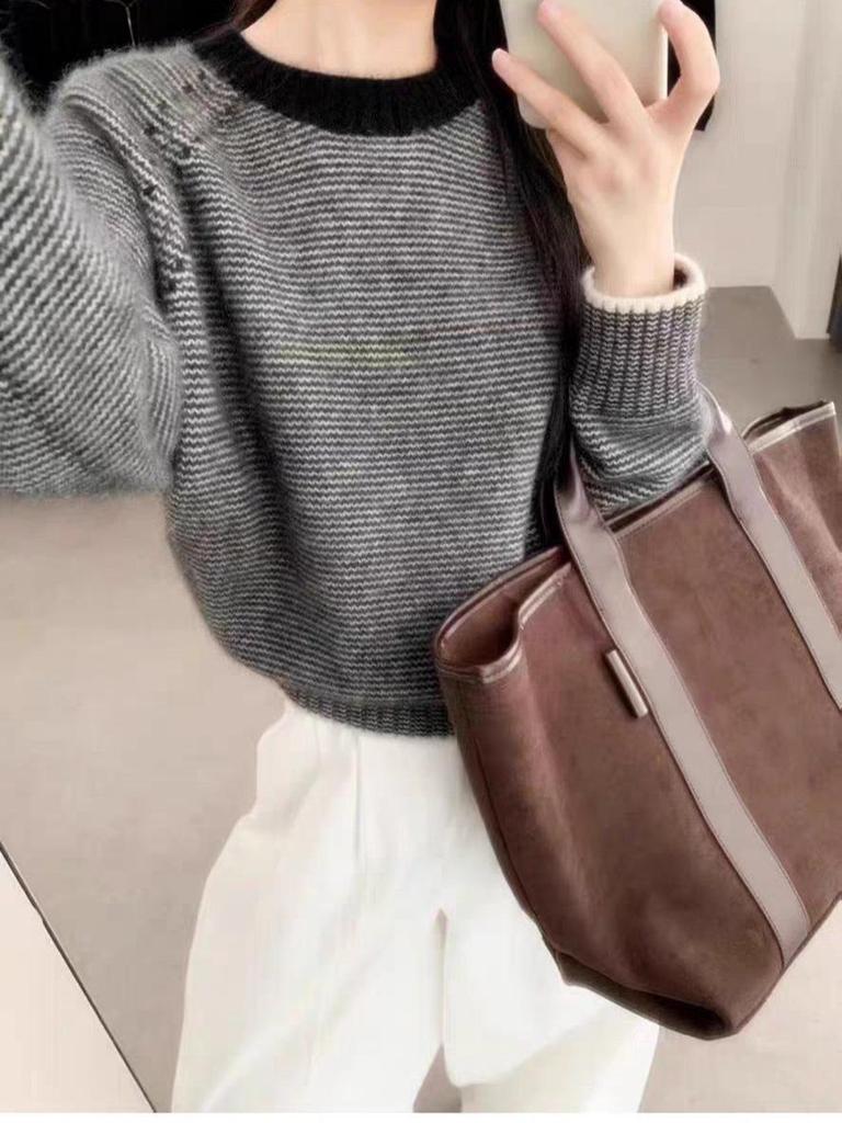 Korean Retro Striped Raglan Sleeve Knit Sweater - Women's Autumn/Winter Loose Slimming Round Neck Pullover