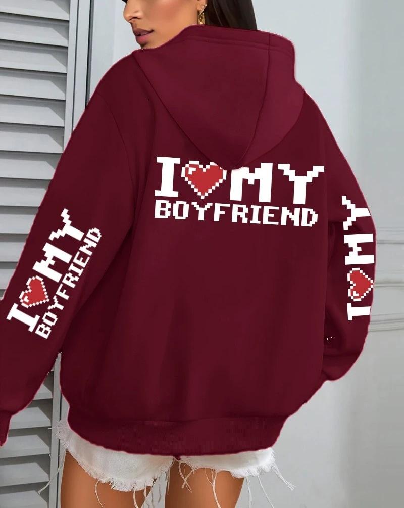 I Love My Boyfriend Printed, Women'S Hoodie Fall Loose Casual Pocket Fleece Pullover