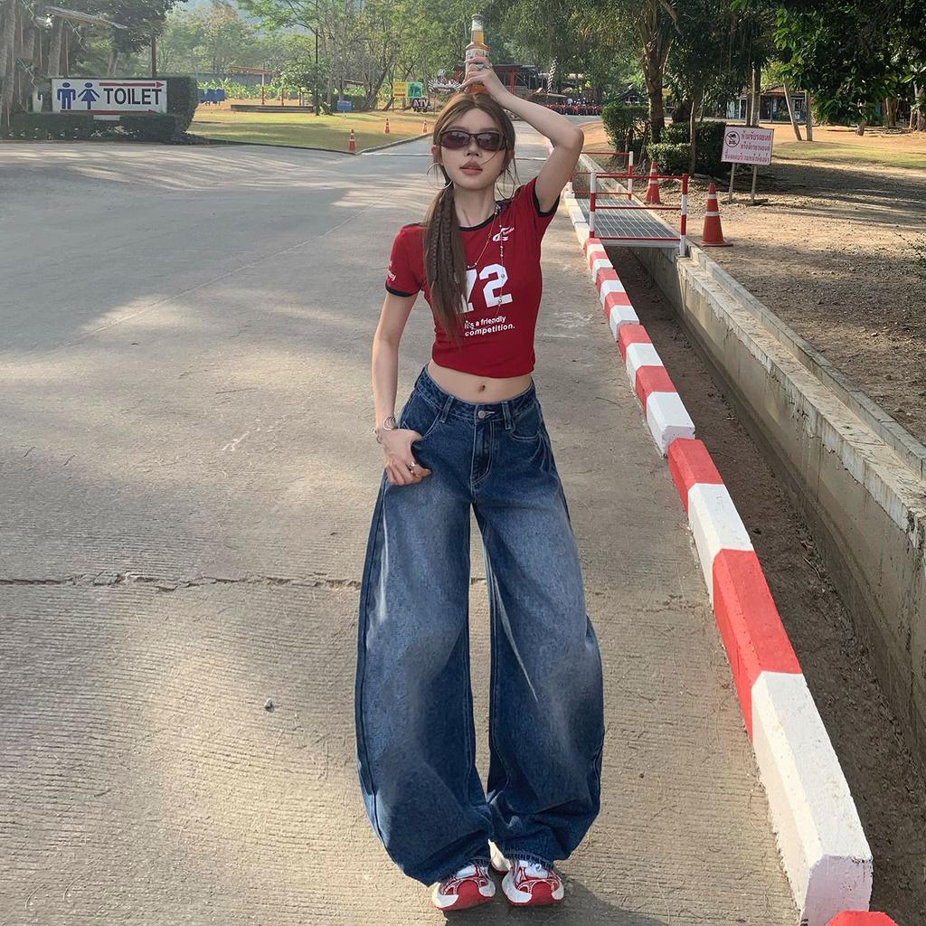 Spring Summer Vintage High Waist Drape Scythe Saber Cut Relax Wide Leg Denim Pants For Ladies Casual Pants Oversize Denim Trousers
