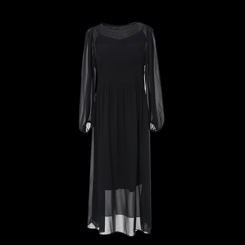 Women's High-Waist Round Neck Long Sleeve Midi Dress