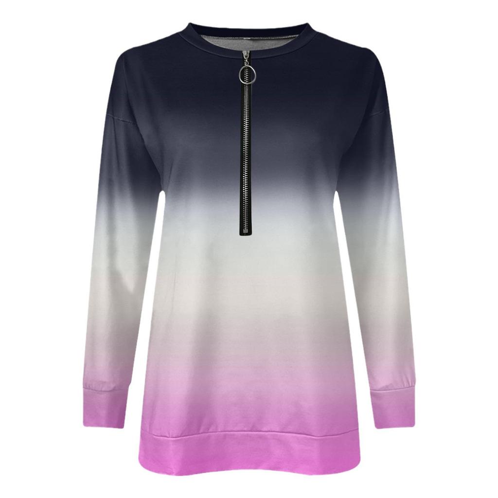2025 Women's Gradient Color Zipper Round Neck Long Sleeve Hoodie Tee