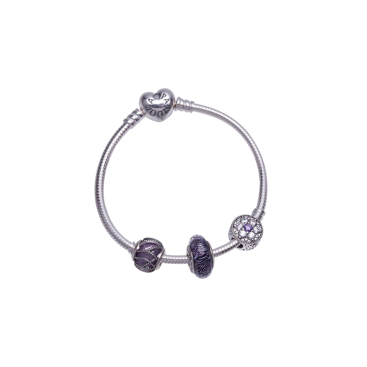 Pandora Purple Shimmering Glass Forget-Me-Not Snake Bone Bracelet Women bracelets Silver PAND00042-OP Box