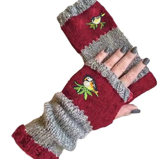 

Embroidered Birds Fingerless Gloves Color-Block Knitted Warm Gloves Stretchy Mittens with Thumb Holes for Typing Writing