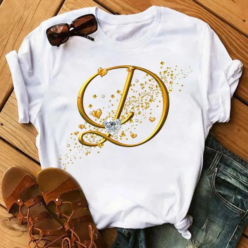 A letter combination Tshirt with a custom name suitable for short sleeved women's clothing with gold diamond letter font ABCDEF