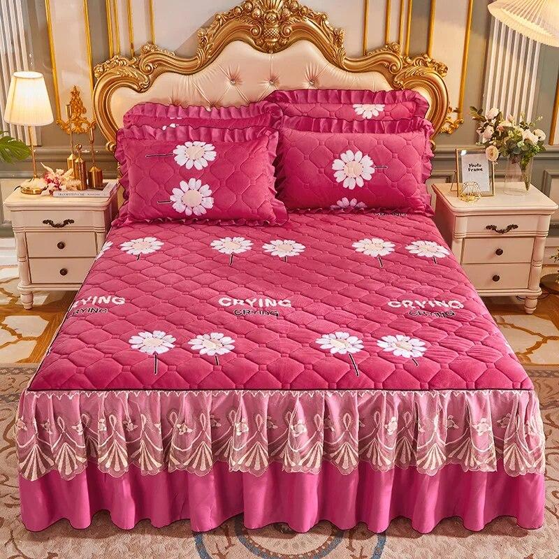 Princess Lace Quilted Bed Spreads Crystal Velvet Bedding Sheets Set King Queen Size Thick Winter Warm Cotton Wedding Bed Cover