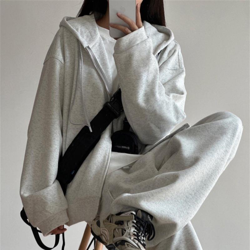 Lazy wind premium graue Strickjacke Damen lässig sportlich mit Kapuze Reißverschluss Top Cardigan vielseitig