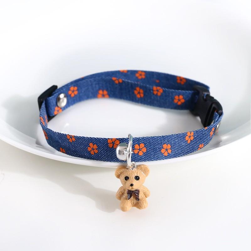 Adjustable Denim Pet Collar With Embossed Star Cherry Bear Pendant Bell Cats Dogs