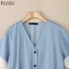ZANZEA Women Casual V-neck Lace Patchwork Short Sleeve Loose Blouse