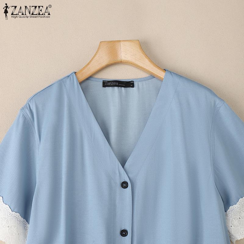ZANZEA Women Casual V-neck Lace Patchwork Short Sleeve Loose Blouse