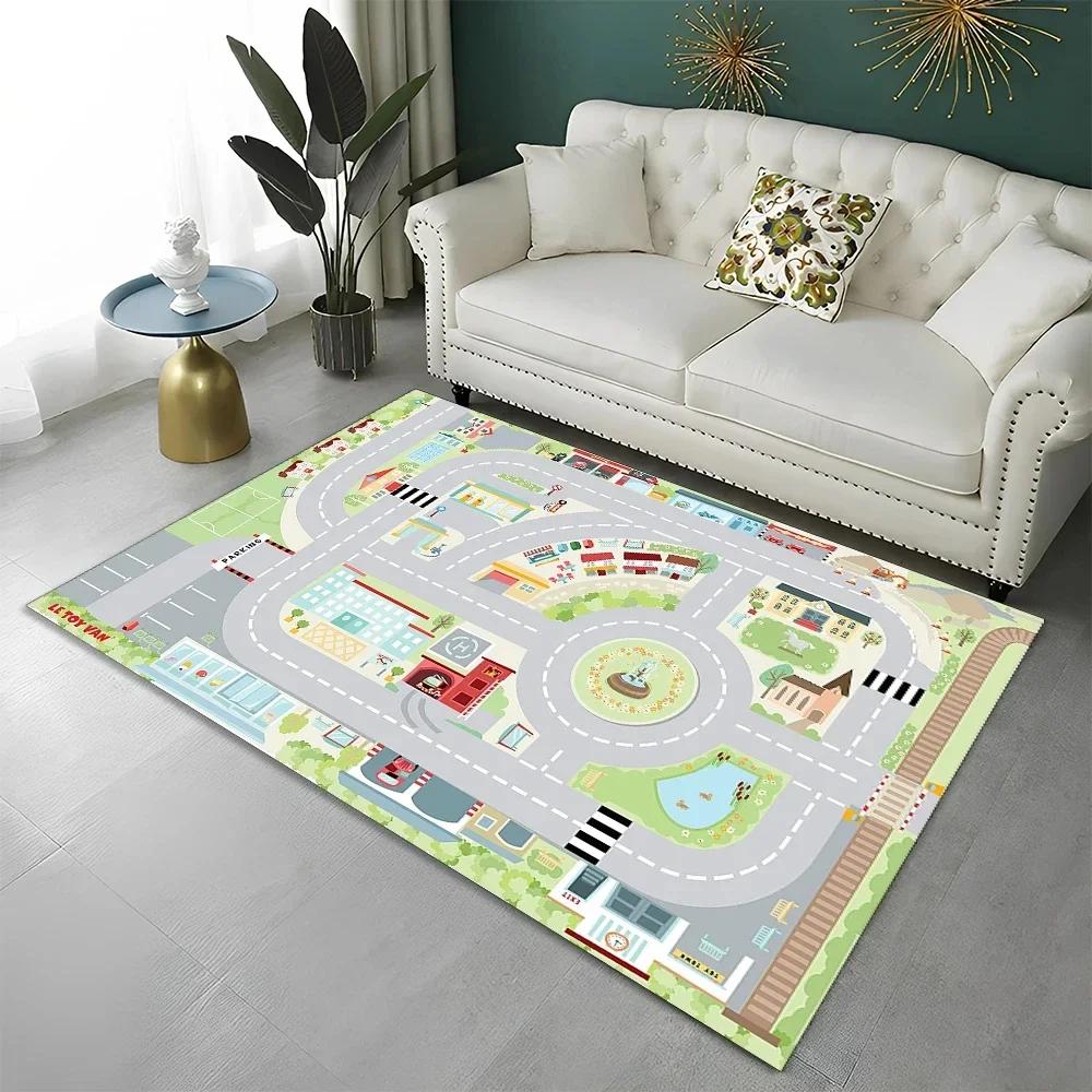 Highway City Kinderspielmatte Verkehr Spielzimmer Teppich Teppich für Zuhause Wohnzimmer Schlafzimmer Fußmatte Dekor, Bereichsteppiche Rutschfeste Bodenmatte