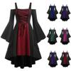 Fashion Women Colorblock Lace Sling Dress Square Neck Tie Flare Sleeves Swing Dress
