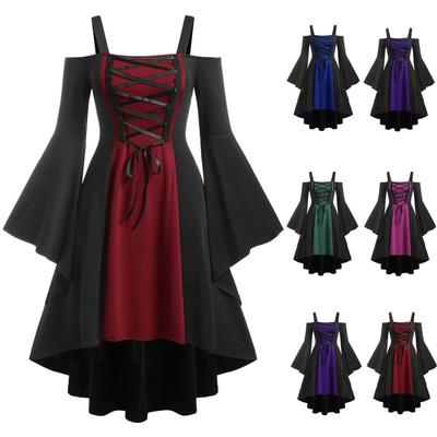 Fashion Women Colorblock Lace Sling Dress Square Neck Tie Flare Sleeves Swing Dress