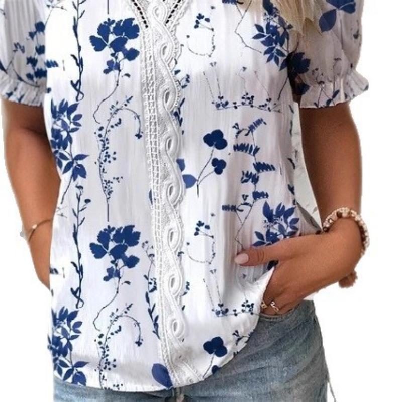 Women's Summer Floral Print V Neck Blouse Lace Trim Ruffle Short Sleeve Casual Boho Vacation Daily Wear Shirt Top