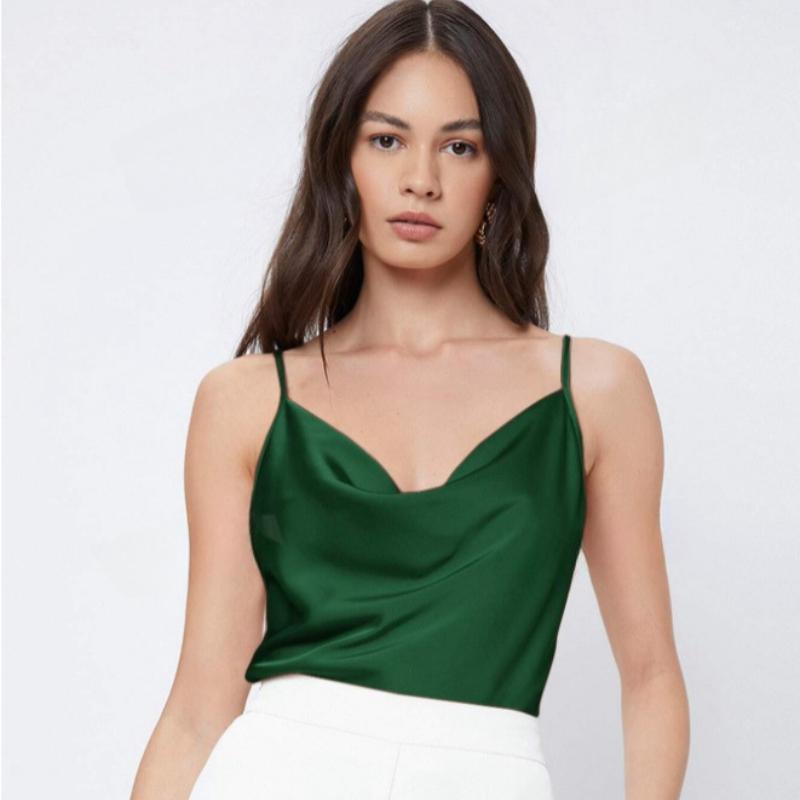 Summer Sleeveless Satin Base Casual Tank Tops Women Pile Collar Sexy Loose Tanks Women's Camis Elegant Slim Fit Simple Female Straps Tank Vest 26559
