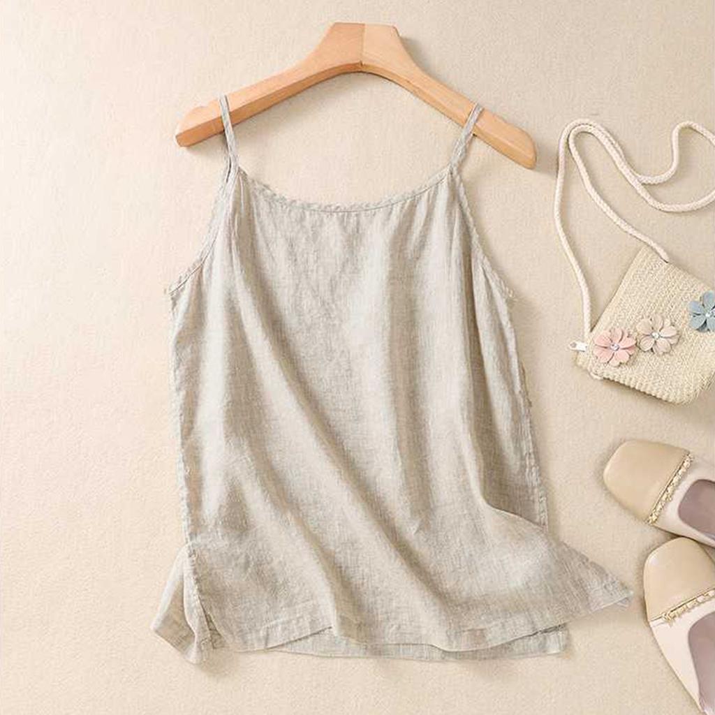 Dámský top tílko s výstřihem do V bez rukávů bavlněno-lněný základ