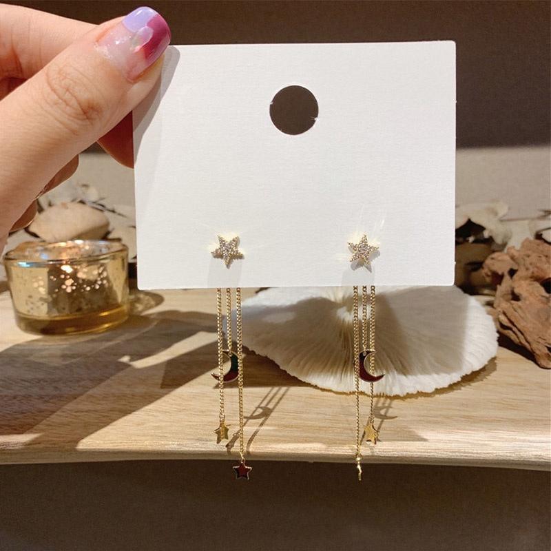 New Fashion Star Moon Tassel Drop Earrings for Women Rhinestone Stars Long Chain Earrings Girls Party Daily Jewelry Accessories