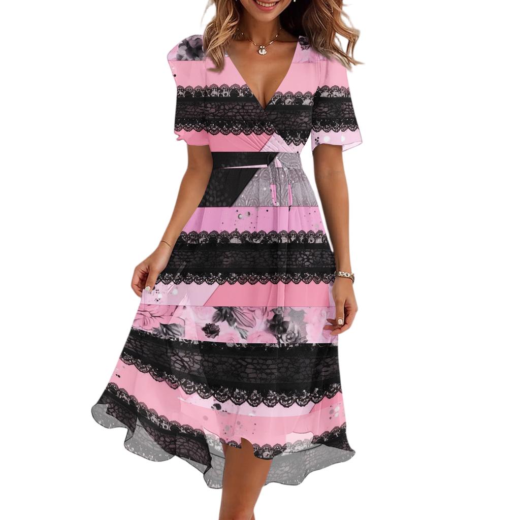 Women V Neck Short Sleeve Casual Dress Vintage Floral Print Midi Dress with Wrap Style and Flared Hem Suitable for Daily Wear
