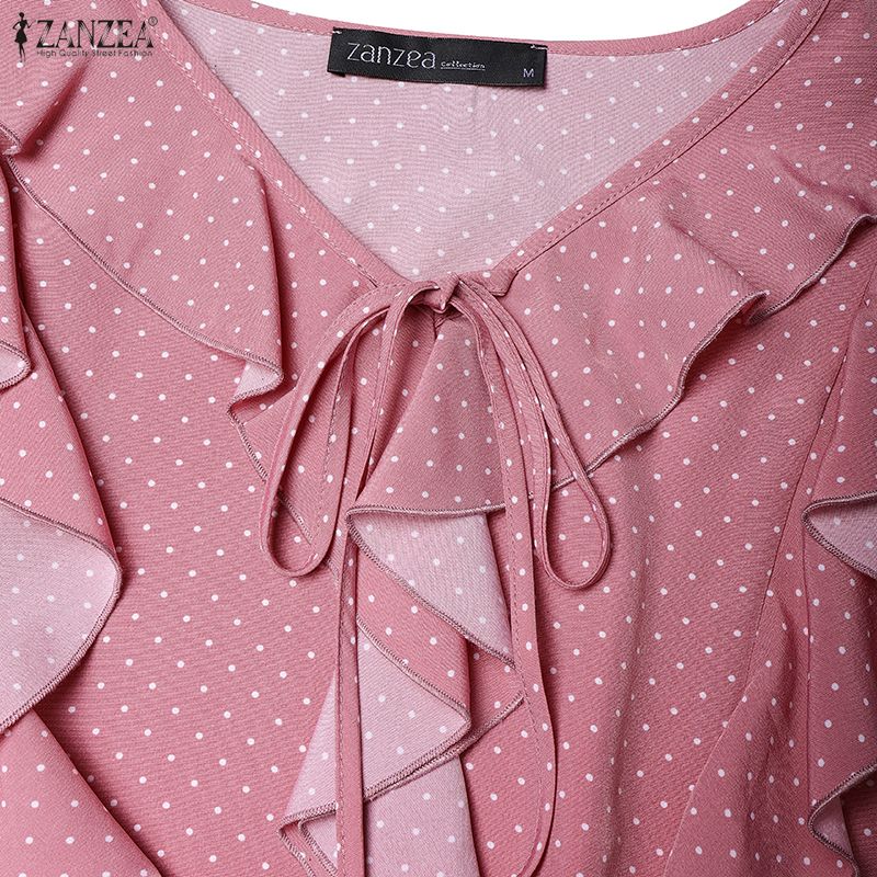 ZANZEA Women Casual Ruffles V-Neck Loose Long Sleeve Polka Dot Print Blouse