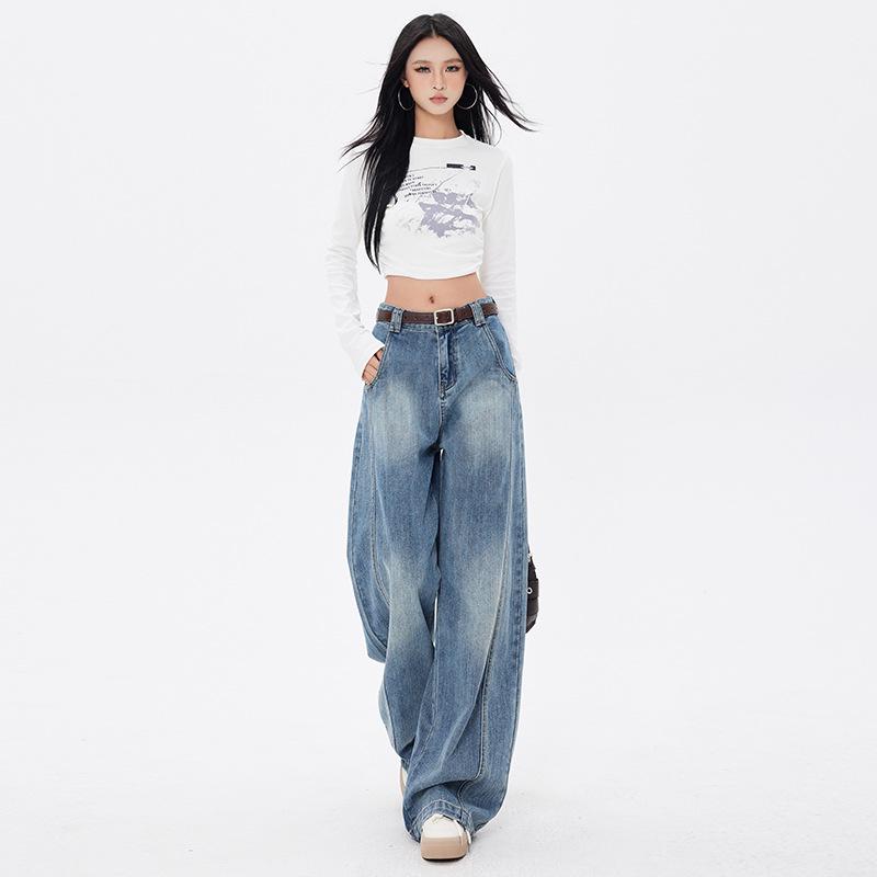 American Retro Silhouette Scimitar Jeans: Loose Wide-Leg Floor-Length Pants
