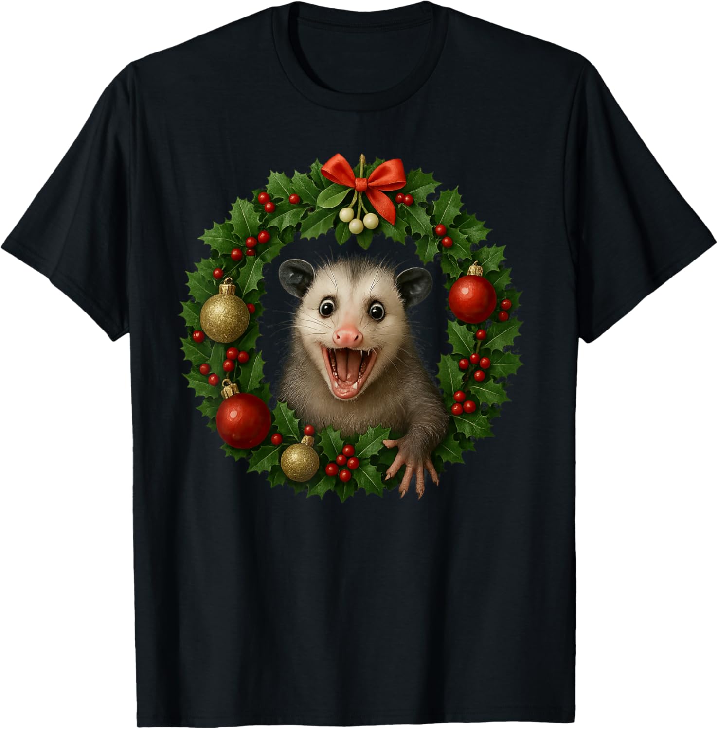 Opossum In Christmas Wreath Funny Holiday Graphic T-Shirt Men Casual Cotton Tee 4XL