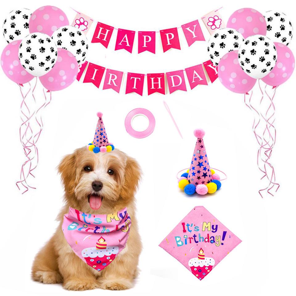 Pet Birthday Party Decoration Set: Dog and Cat Balloons, Hat, Props, Banner, and Pull Flag