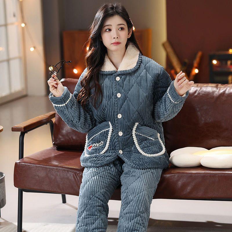 Pajamas women's three-layer thickened and cute winter can wear large-size warm padded loungewear