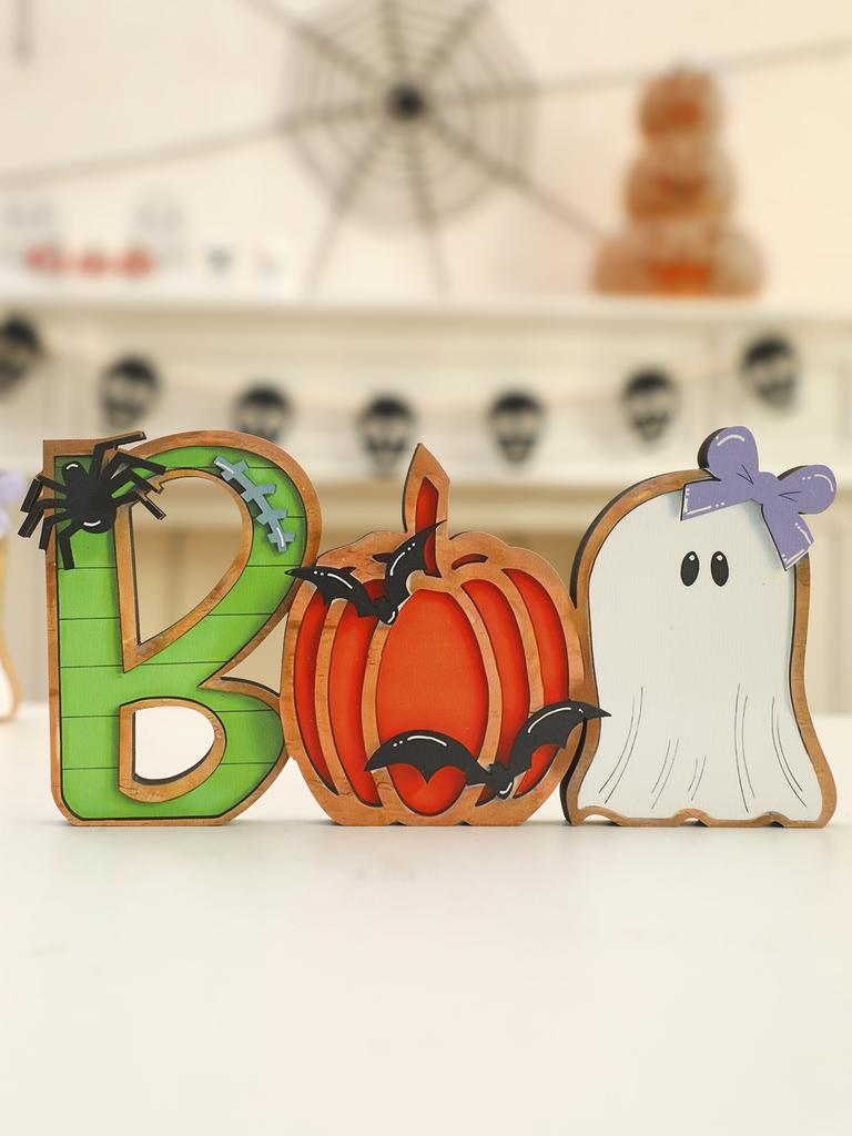 1pc Halloween Wooden"BOO"Table Decor, Ghost,Pumpkin Bat & Letter B with Spider, Colorful Ornaments for Festive Home Desktop Gift