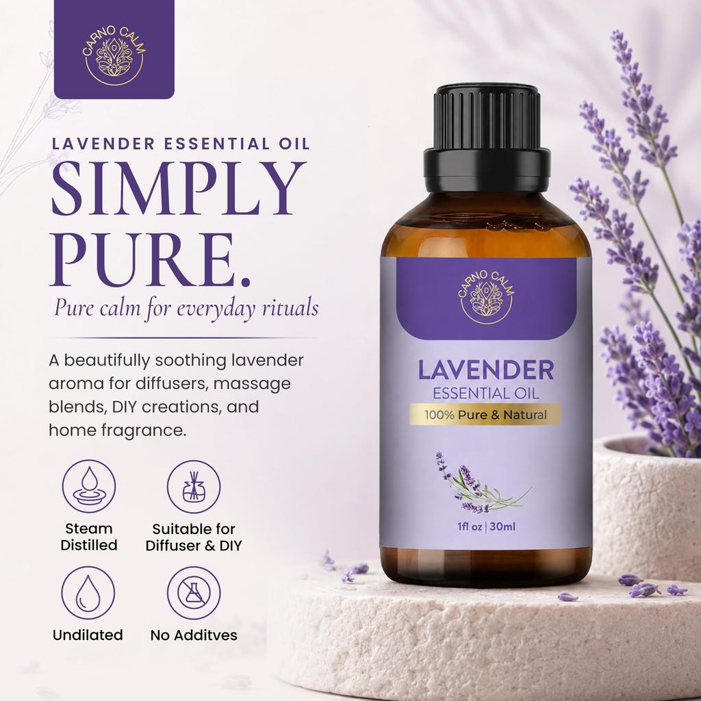 Carno Calm Organic Lavender Essential Oils for Skin 100% Pure Lavender Oil | for Hair Aromatherapy Relaxation Sleep Skin Diffuser | 30ml