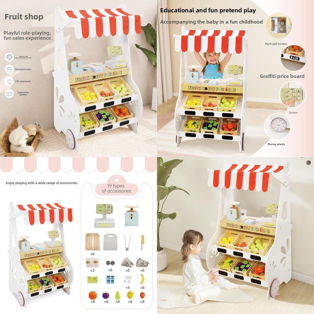 Mobile Fruit Portable Stall Wooden Playset For Toddlers Imaginative Play Role